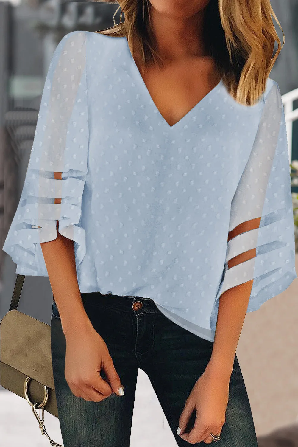 V Neck Mesh Stripes Kimono Sleeve Swiss Dot Blouse