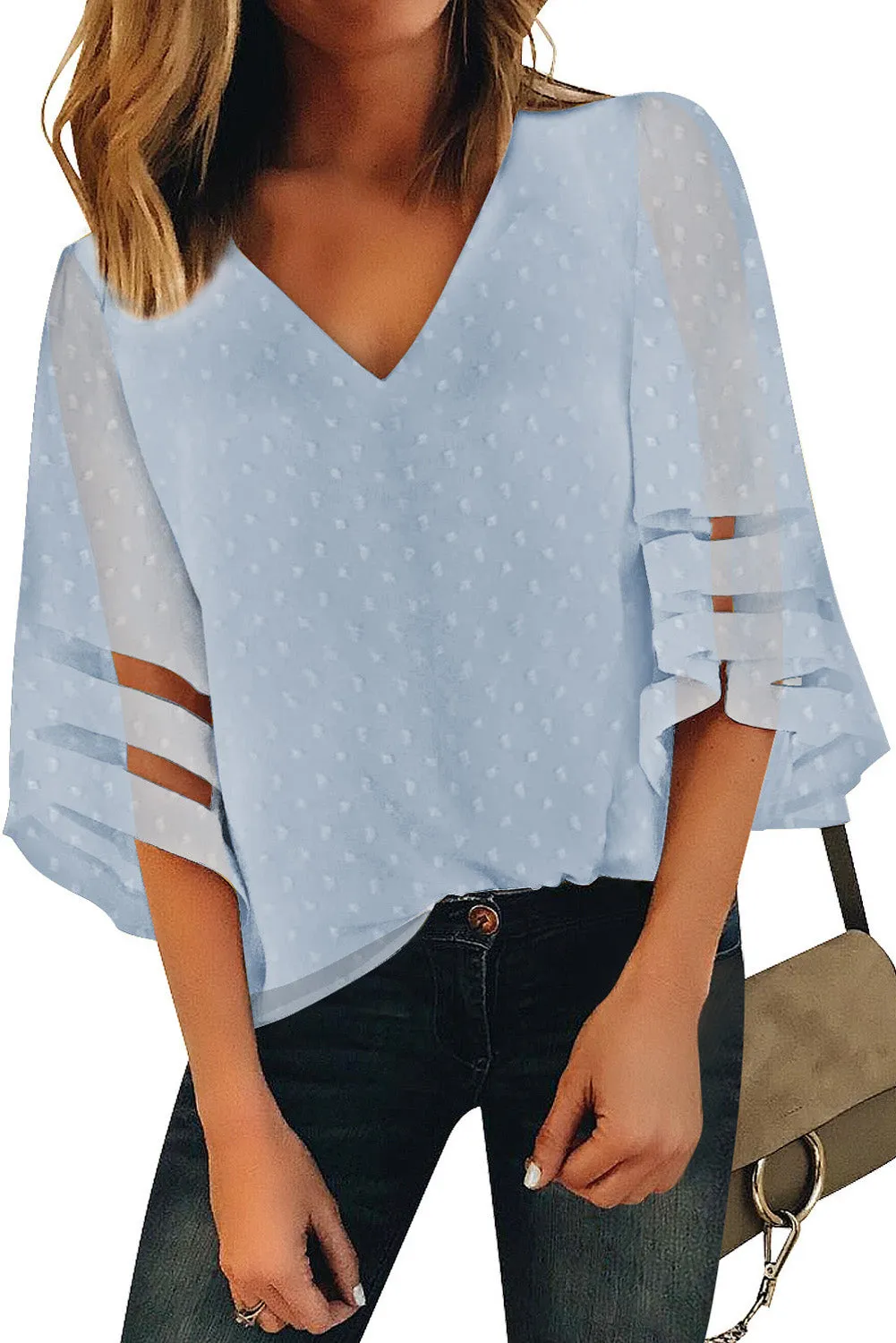 V Neck Mesh Stripes Kimono Sleeve Swiss Dot Blouse