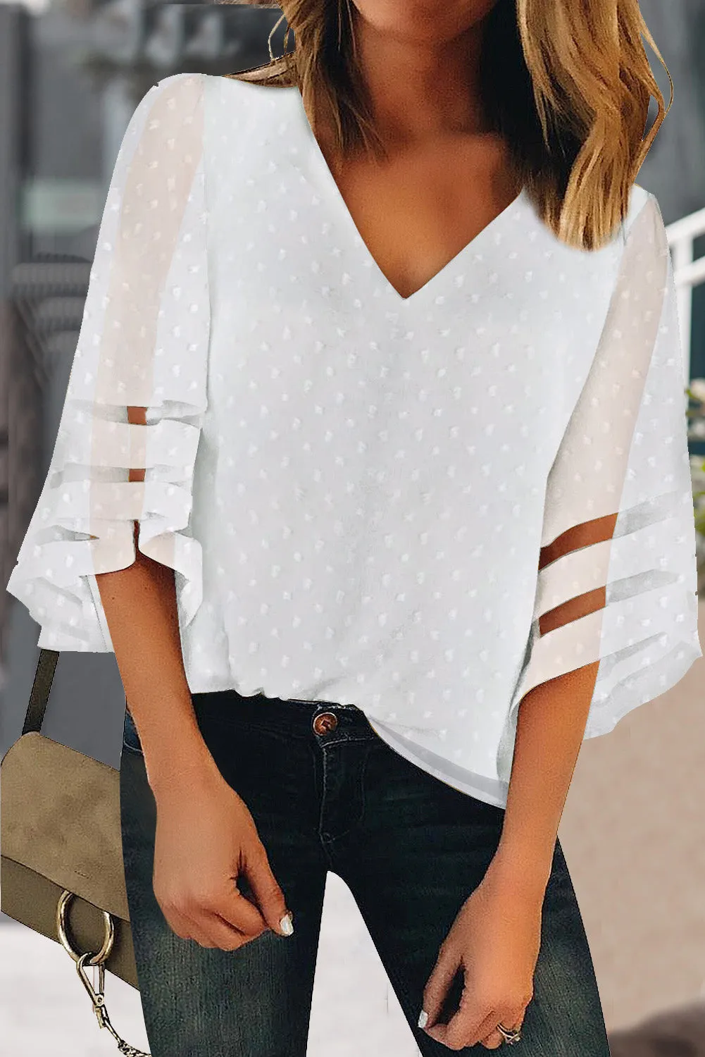 V Neck Mesh Stripes Kimono Sleeve Swiss Dot Blouse