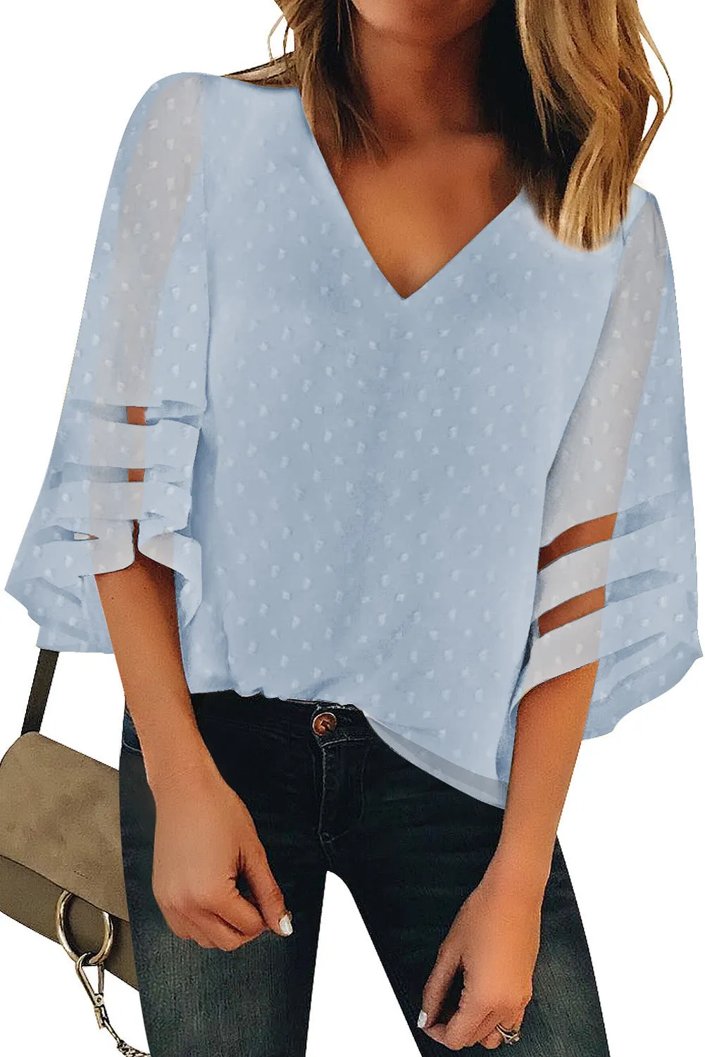 V Neck Mesh Stripes Kimono Sleeve Swiss Dot Blouse