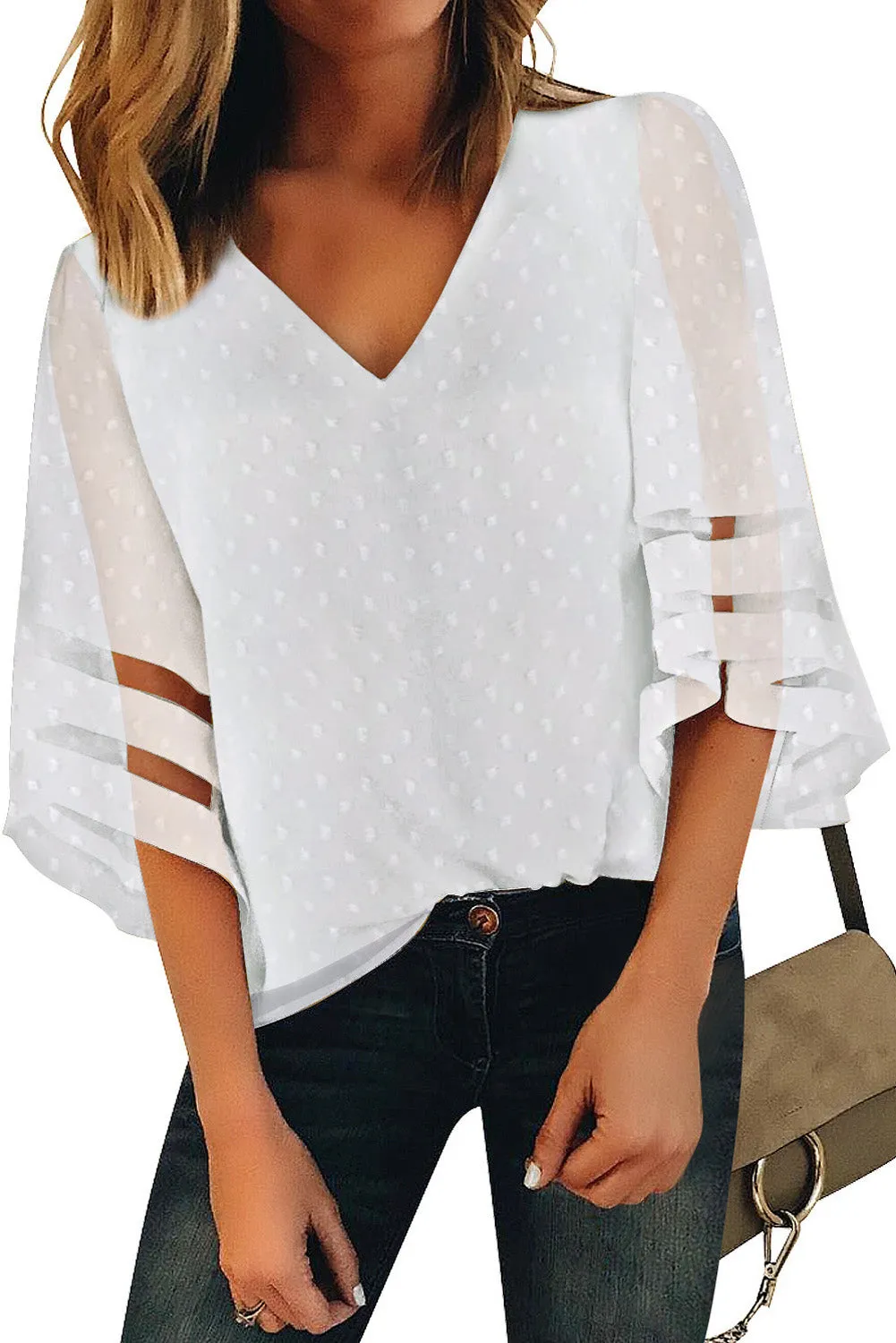V Neck Mesh Stripes Kimono Sleeve Swiss Dot Blouse