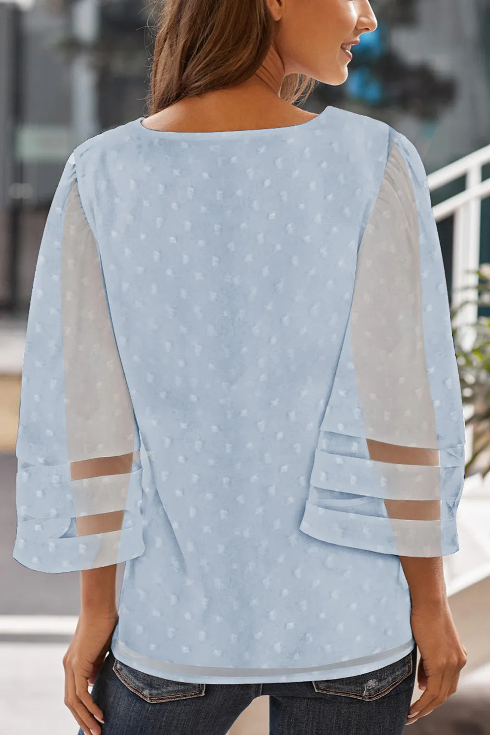V Neck Mesh Stripes Kimono Sleeve Swiss Dot Blouse