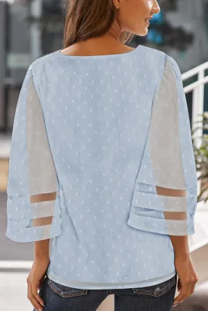 V Neck Mesh Stripes Kimono Sleeve Swiss Dot Blouse