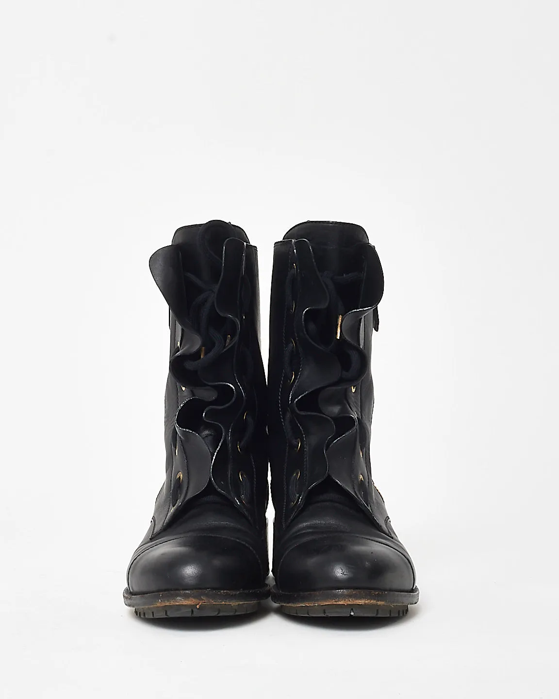 Valentino Black Leather Ruffle Combat Boots - 39