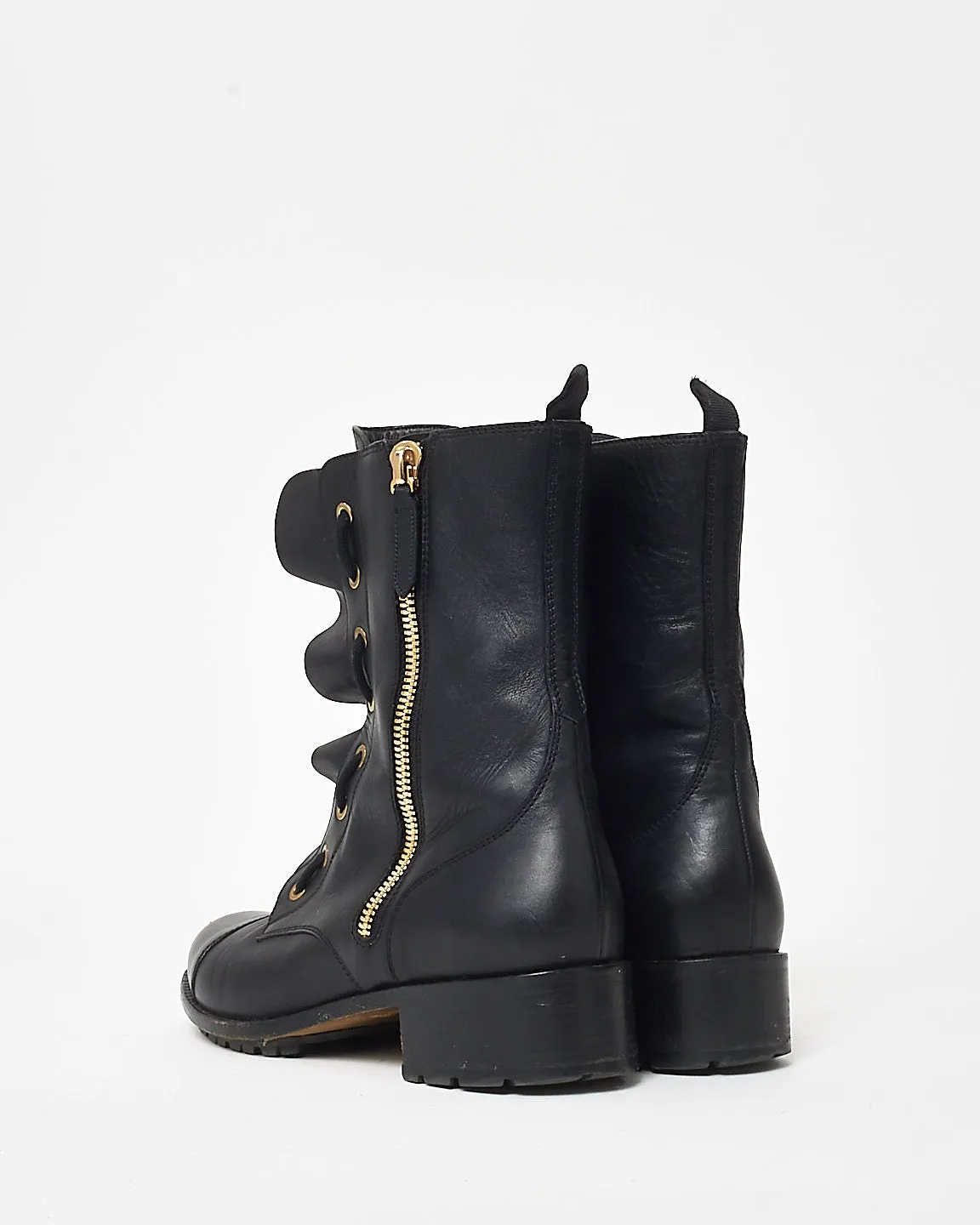 Valentino Black Leather Ruffle Combat Boots - 39