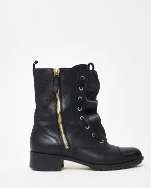 Valentino Black Leather Ruffle Combat Boots - 39