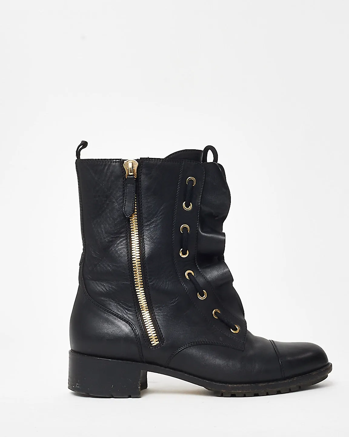 Valentino Black Leather Ruffle Combat Boots - 39