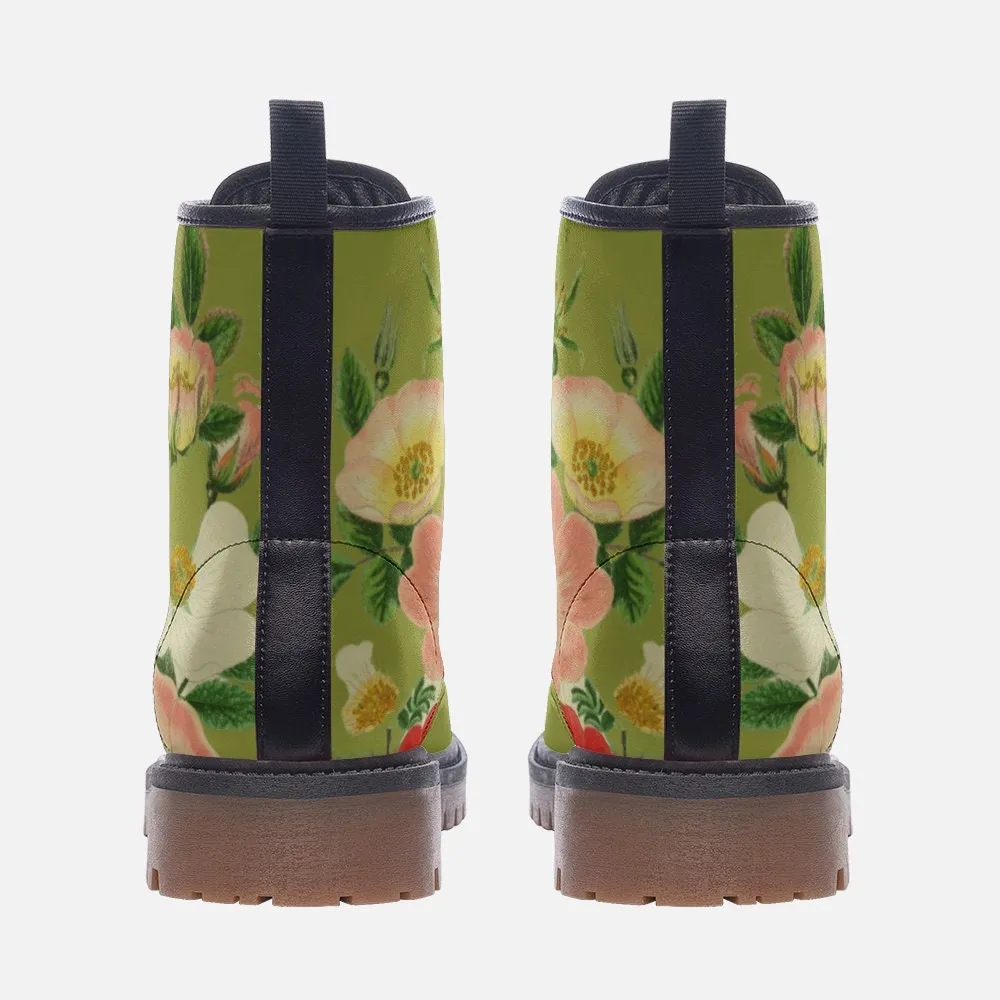 Vintage Green Flowers Vegan Leather Unisex Boots