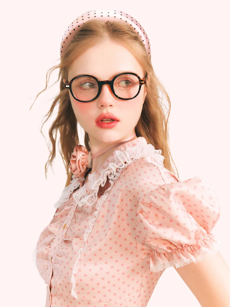 Vintage Pink Polka Dot Lace Blouse &amp; Skirt Set