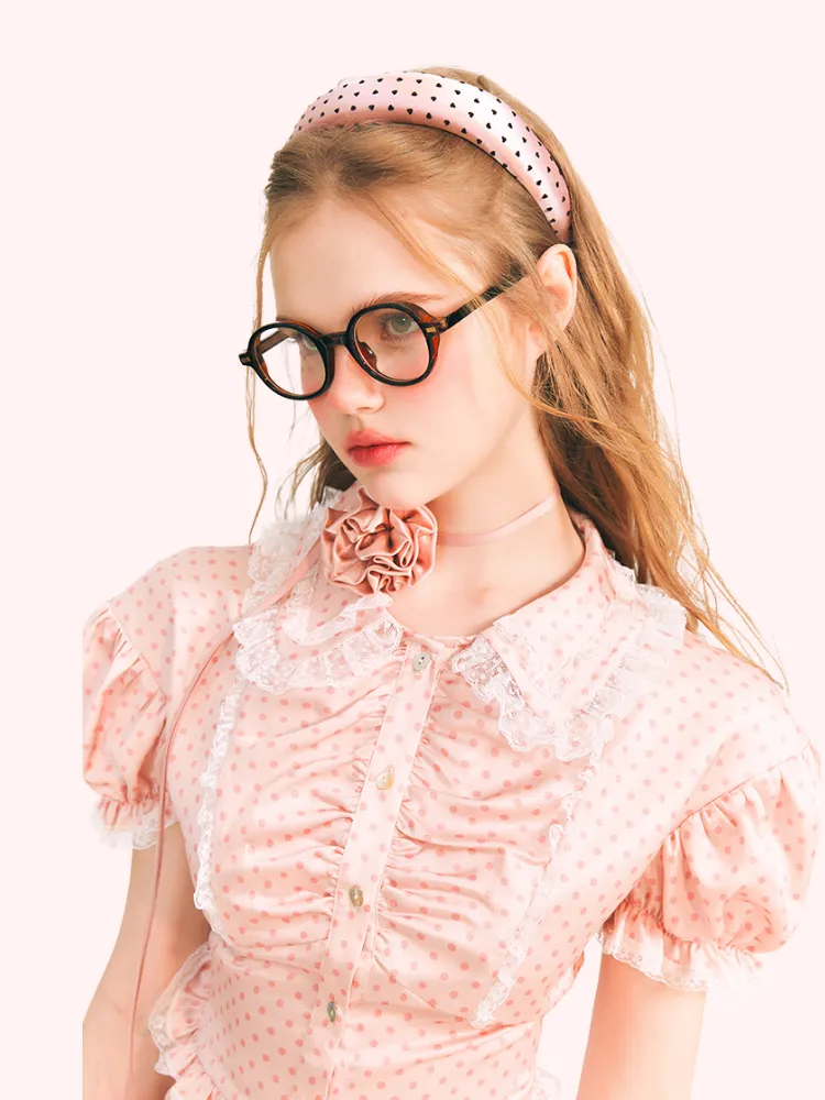 Vintage Pink Polka Dot Lace Blouse &amp; Skirt Set