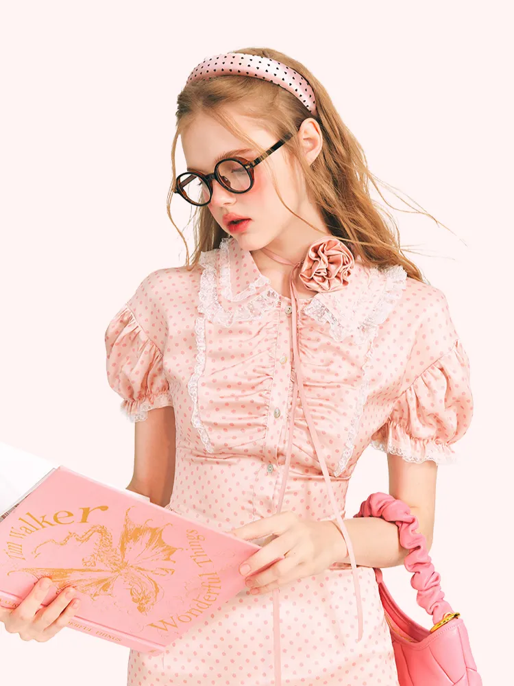 Vintage Pink Polka Dot Lace Blouse &amp; Skirt Set