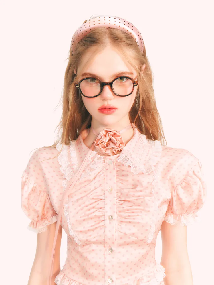 Vintage Pink Polka Dot Lace Blouse &amp; Skirt Set
