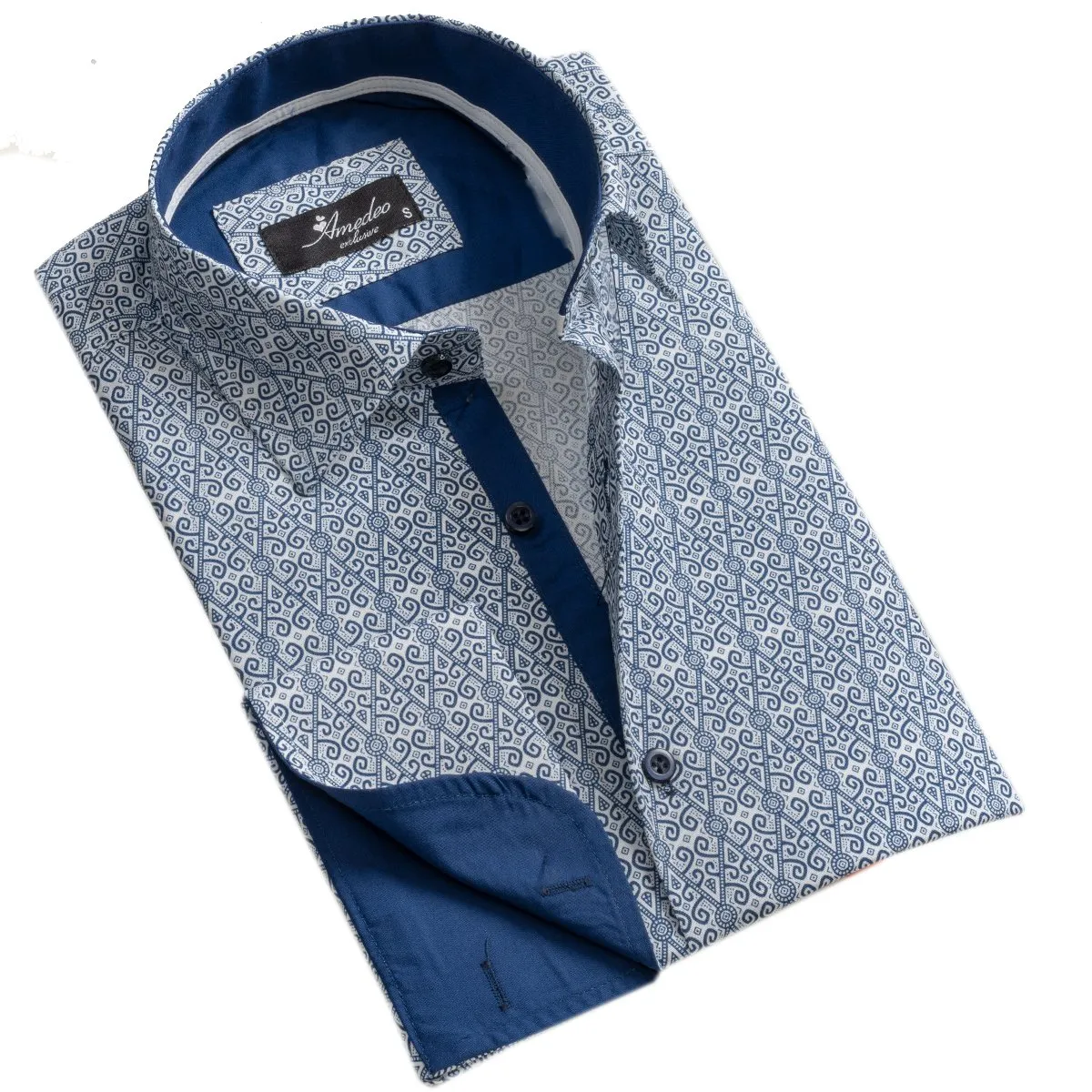 White And Blue Design Men's French Cuff Shirt Button Down Slim Fit Casual And Formal
