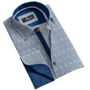 White And Blue Design Men's French Cuff Shirt Button Down Slim Fit Casual And Formal