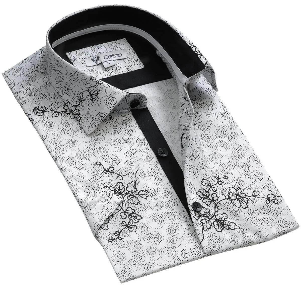 White Black Floral Short Sleeve Button up Shirts for Men - Tailored Slim Fit Cotton Dress Shirts