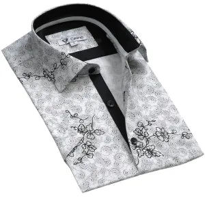 White Black Floral Short Sleeve Button up Shirts for Men - Tailored Slim Fit Cotton Dress Shirts