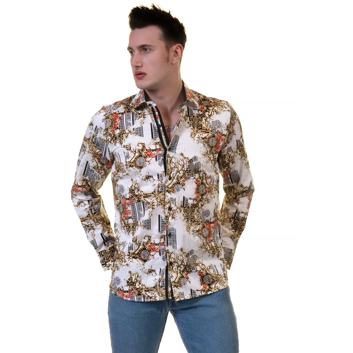 White Black Medusa Greek Key Mens Slim Fit Designer Dress Shirt -