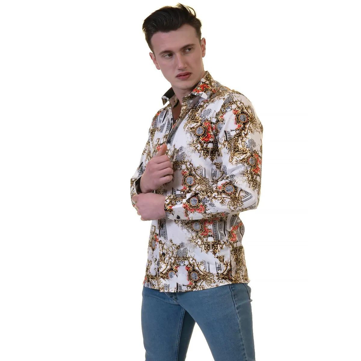 White Black Medusa Greek Key Mens Slim Fit Designer Dress Shirt -