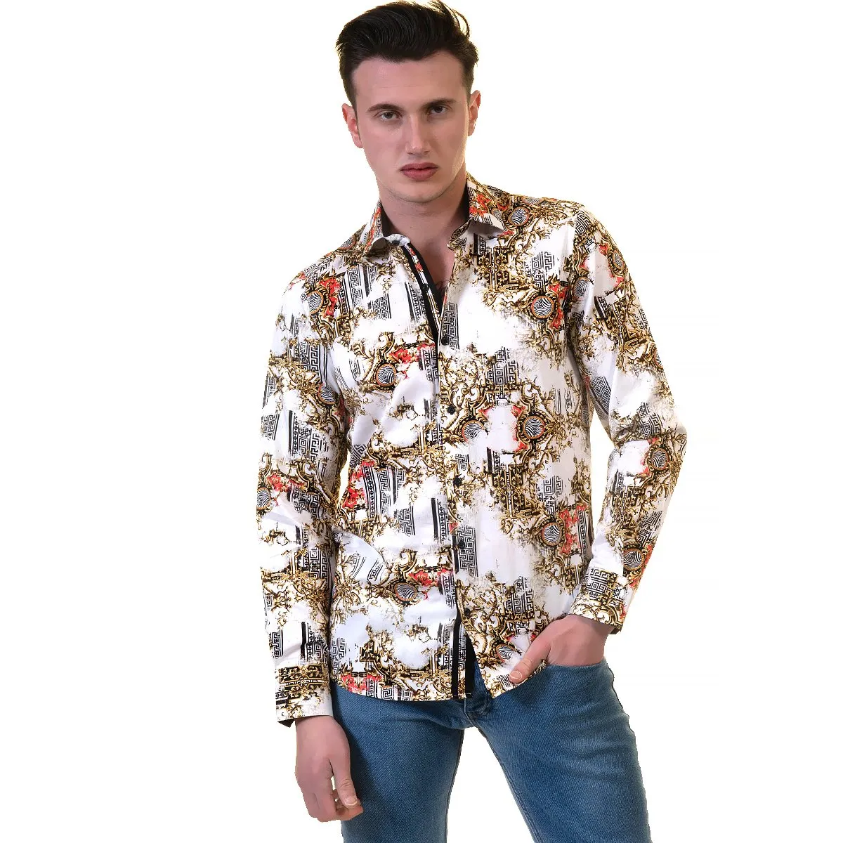 White Black Medusa Greek Key Mens Slim Fit Designer Dress Shirt -