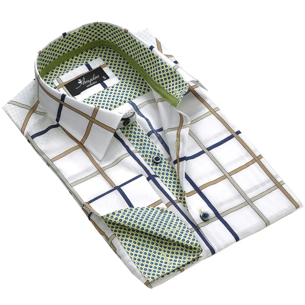 White Blue Green Check Mens Slim Fit Designer French Cuff Shirt - tailored Cotton Shirts for Work and