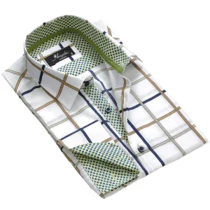 White Blue Green Check Mens Slim Fit Designer French Cuff Shirt - tailored Cotton Shirts for Work and
