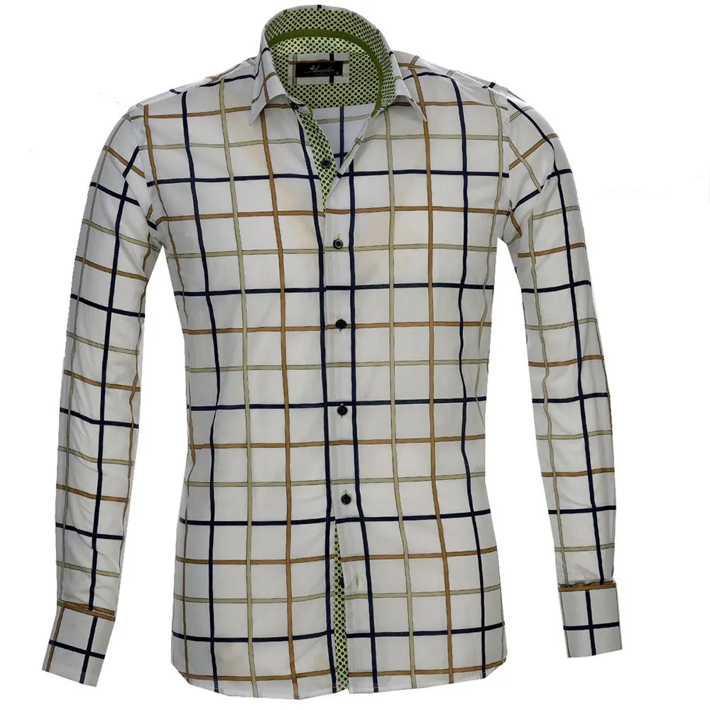 White Blue Green Check Mens Slim Fit Designer French Cuff Shirt - tailored Cotton Shirts for Work and