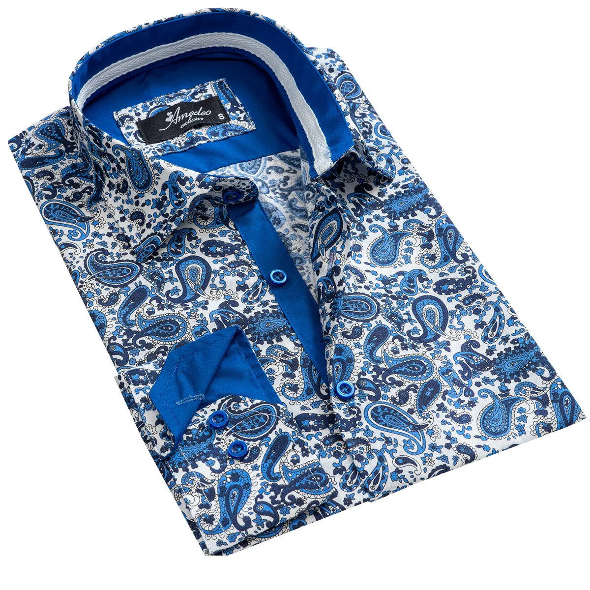 White Blue Paisley Mens Slim Fit Designer Dress Shirt - tailored Cotton Shirts for Work and Casual