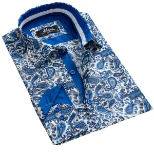 White Blue Paisley Mens Slim Fit Designer Dress Shirt - tailored Cotton Shirts for Work and Casual
