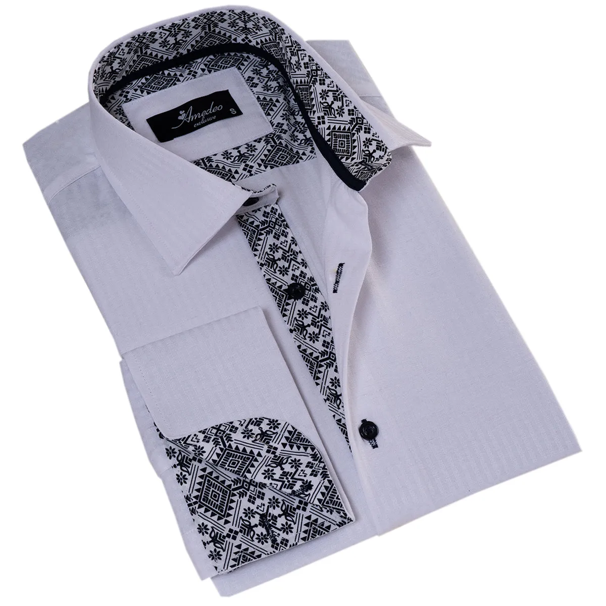 White inside Black Designer Double Cuff Shirt Mens Slim Fit Designer