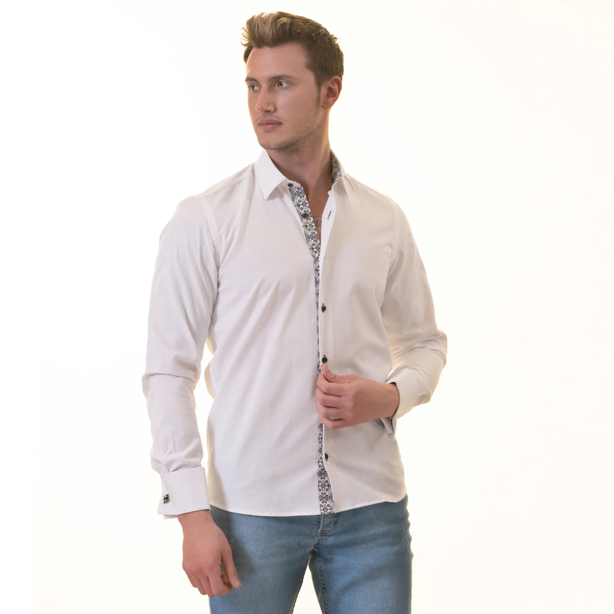 White inside Black Designer Double Cuff Shirt Mens Slim Fit Designer