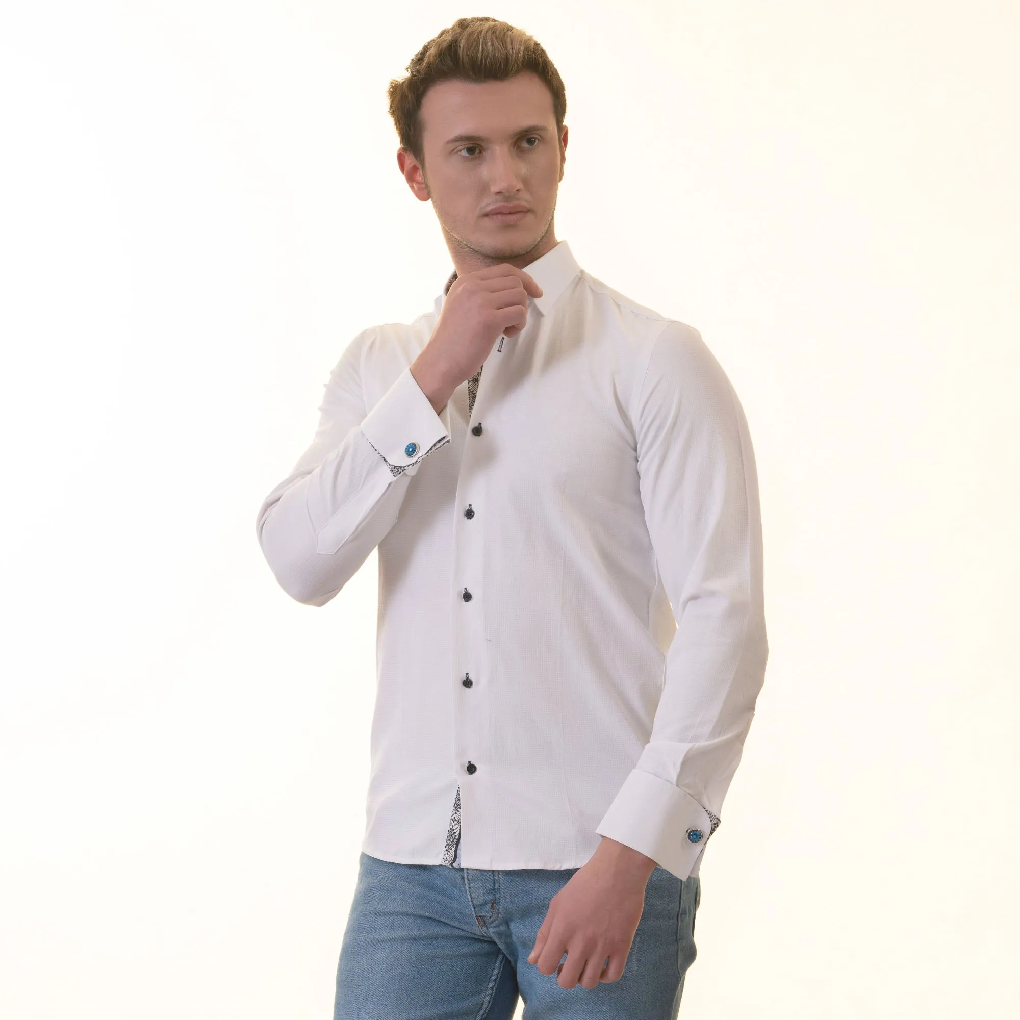 White inside Black Printed Double Cuff Shirt Mens Slim Fit Designer French Cuff Shirt - tailored Cotton Shirts for Work and Casual Wear