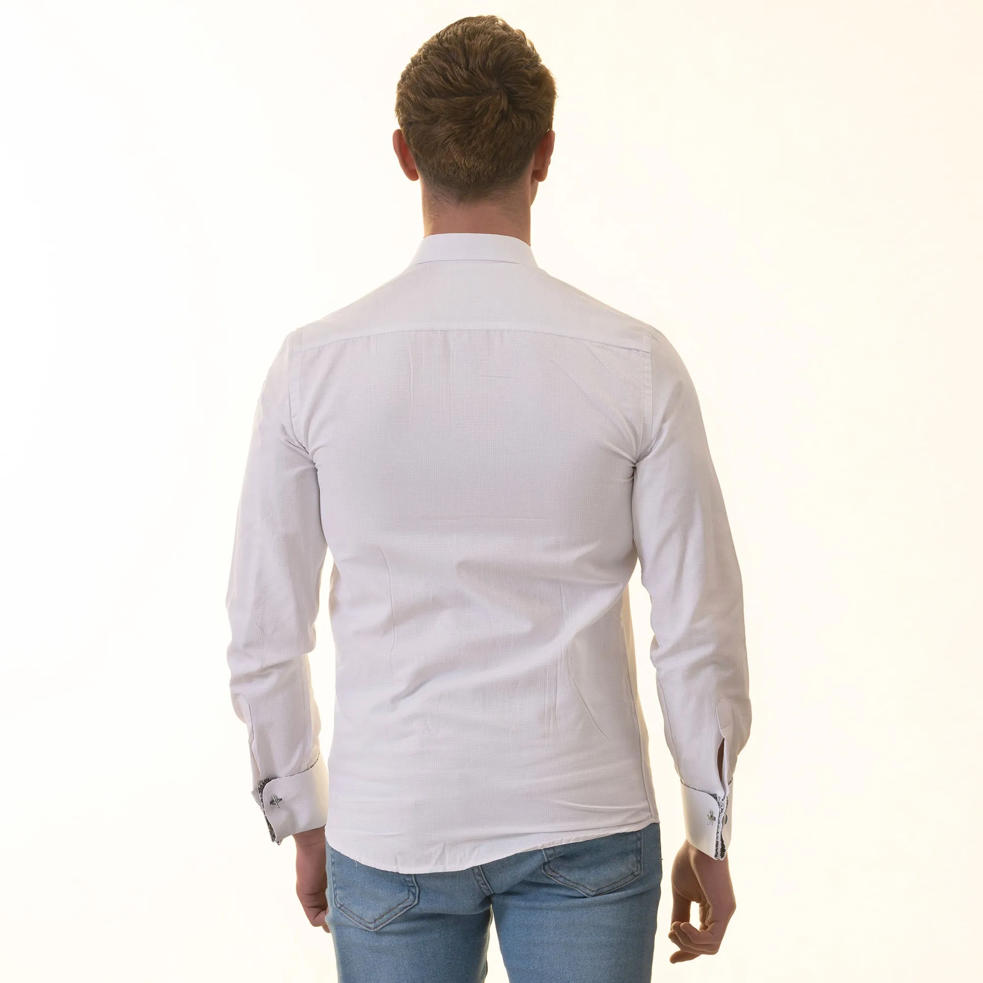 White inside Black Printed Double Cuff Shirt Mens Slim Fit Designer French Cuff Shirt - tailored Cotton Shirts for Work and Casual Wear