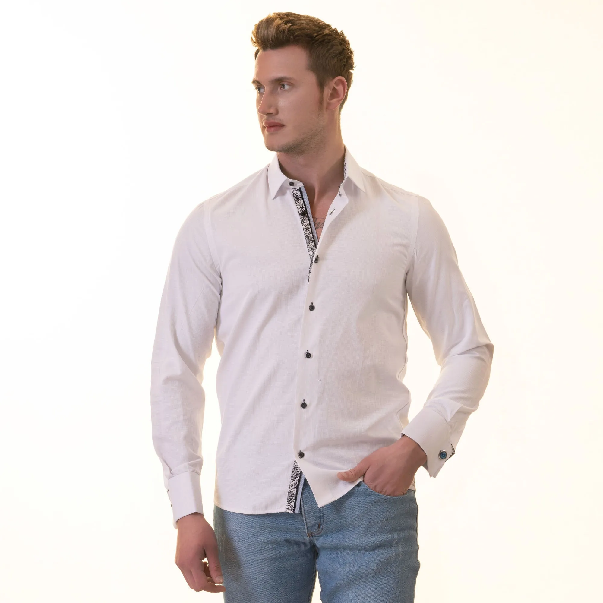 White inside Black Printed Double Cuff Shirt Mens Slim Fit Designer French Cuff Shirt - tailored Cotton Shirts for Work and Casual Wear