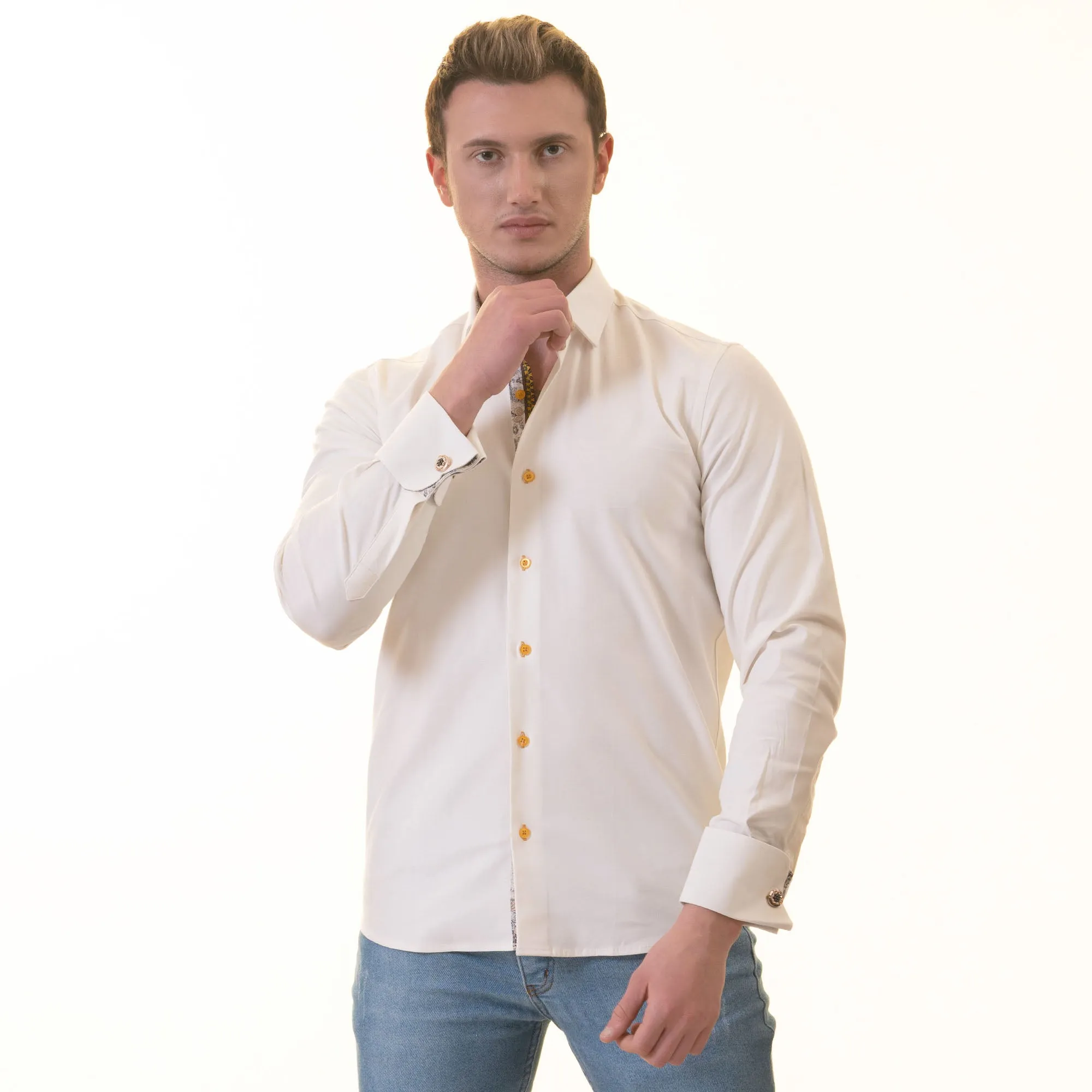 White inside Floral Mens Slim Fit Designer French Cuff Shirt - tailored Cotton Shirts for Work and Casual Wear