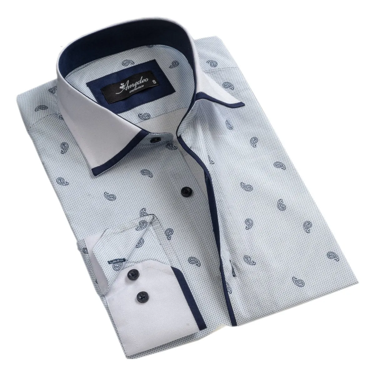 White Light Blue Paisley Mens Slim Fit Designer Dress Shirt - tailored