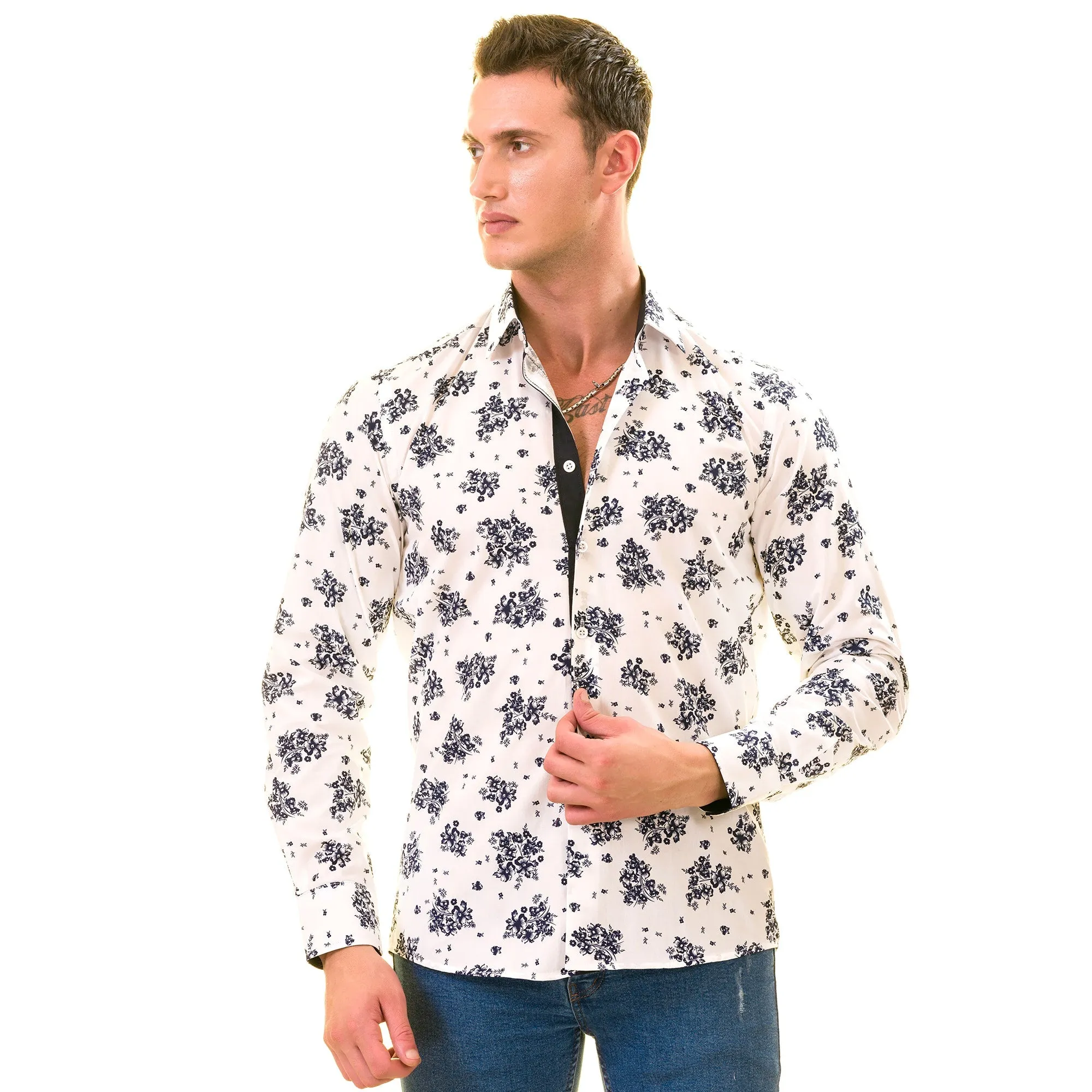 White Navy Floral Digital Men's  Slim Fit Designer Dress Shirt -