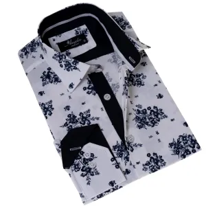 White Navy Floral Digital Men's  Slim Fit Designer Dress Shirt -