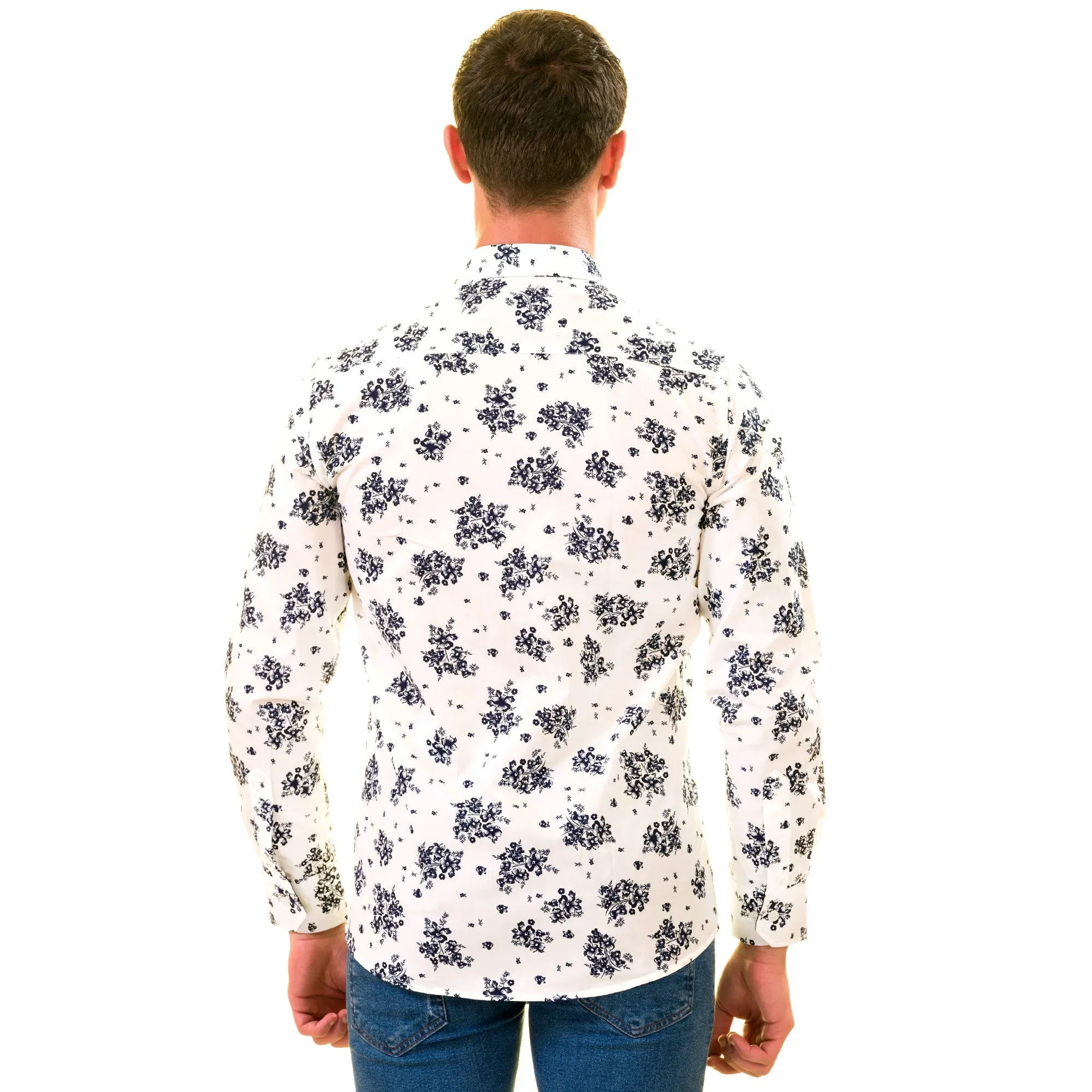 White Navy Floral Digital Men's  Slim Fit Designer Dress Shirt -