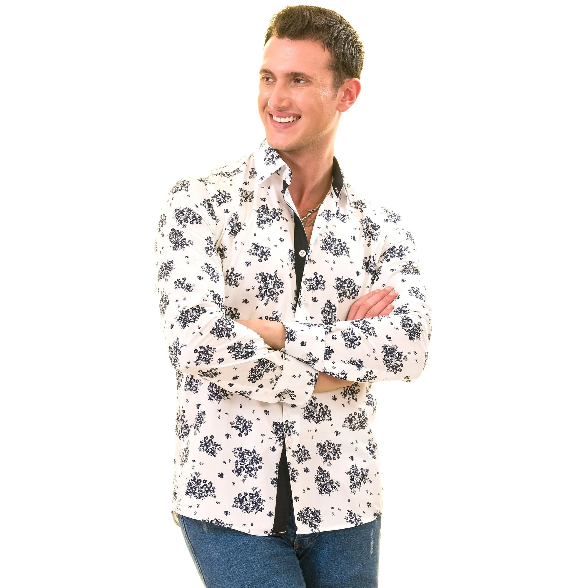 White Navy Floral Digital Men's  Slim Fit Designer Dress Shirt -