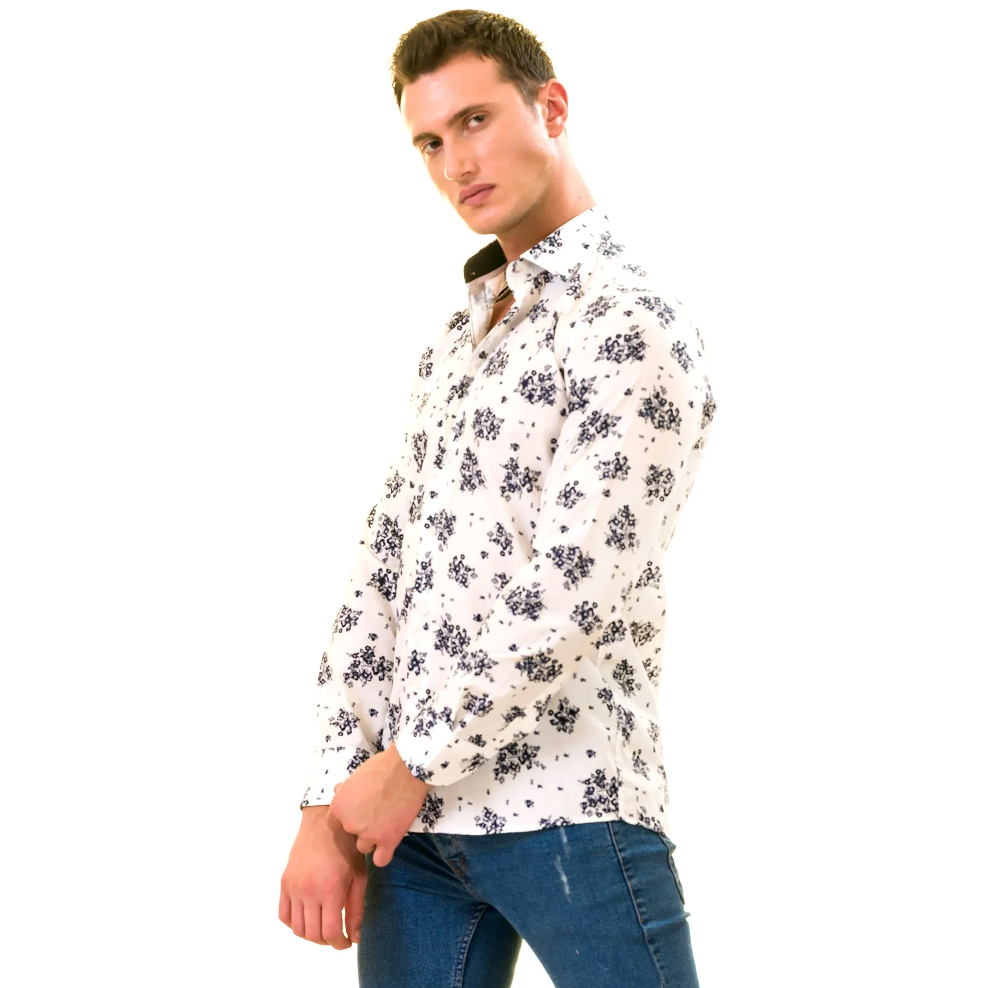White Navy Floral Digital Men's  Slim Fit Designer Dress Shirt -