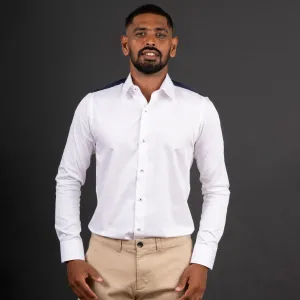 White Satin Long Sleeve Shirt with Contrast Shoulder Patch