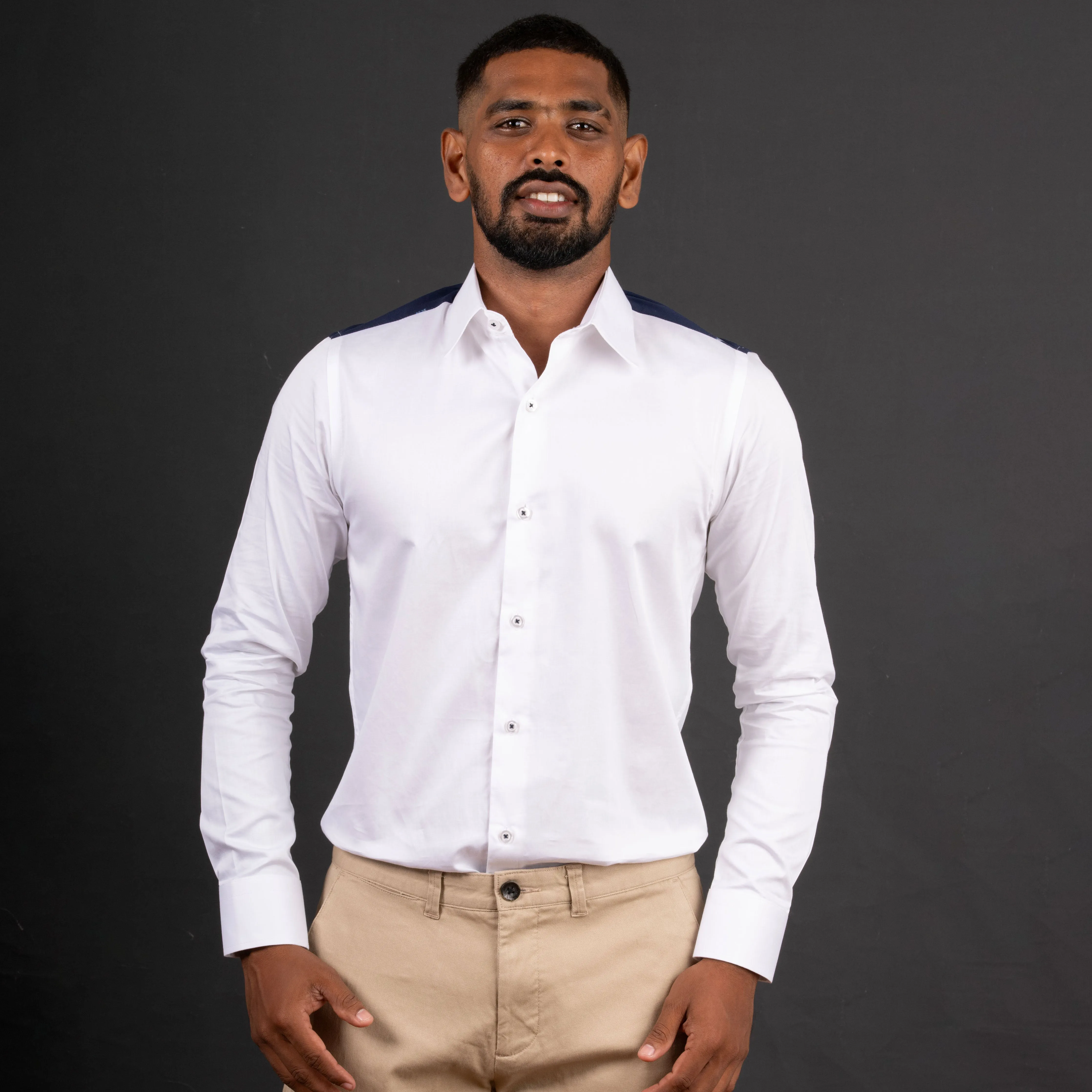 White Satin Long Sleeve Shirt with Contrast Shoulder Patch