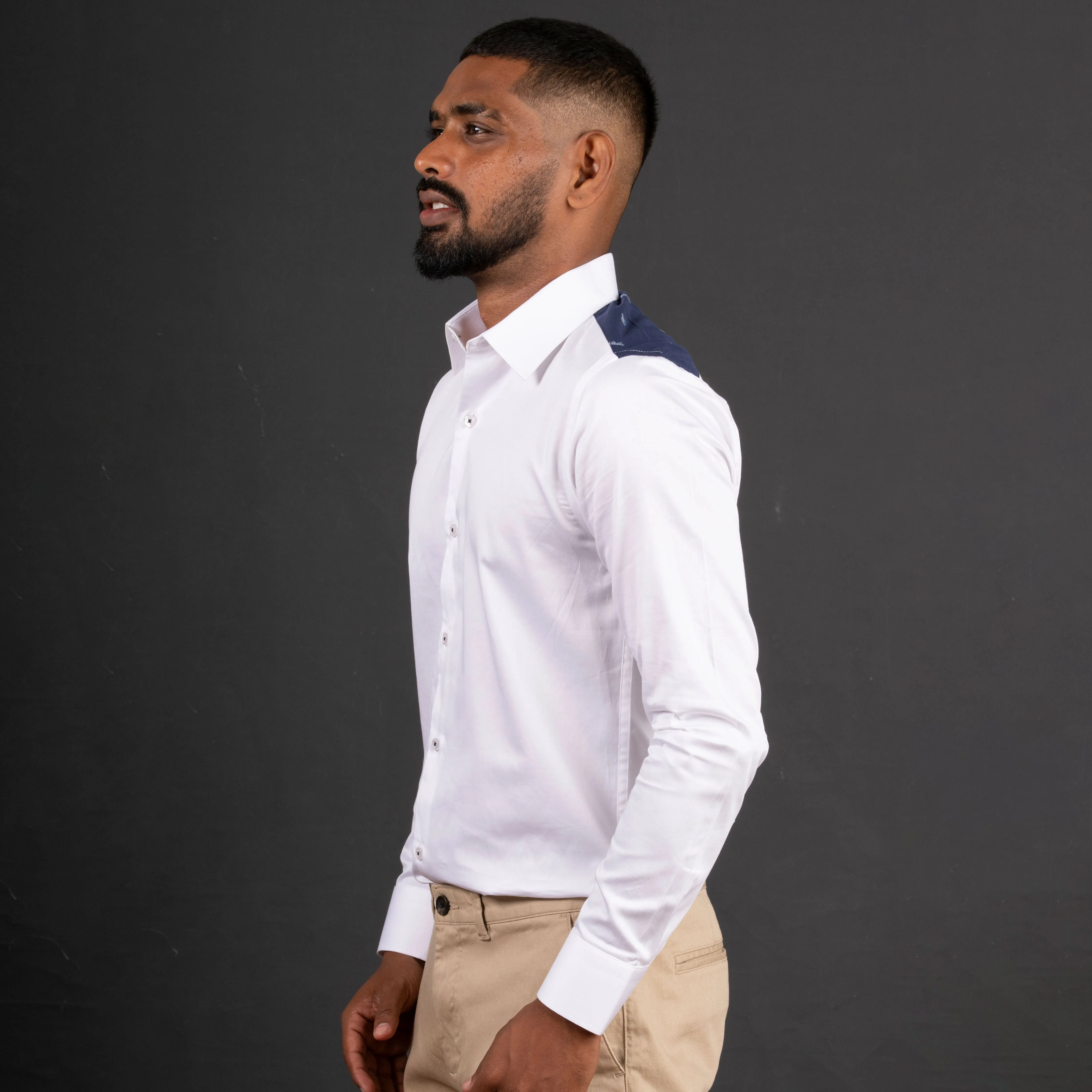 White Satin Long Sleeve Shirt with Contrast Shoulder Patch
