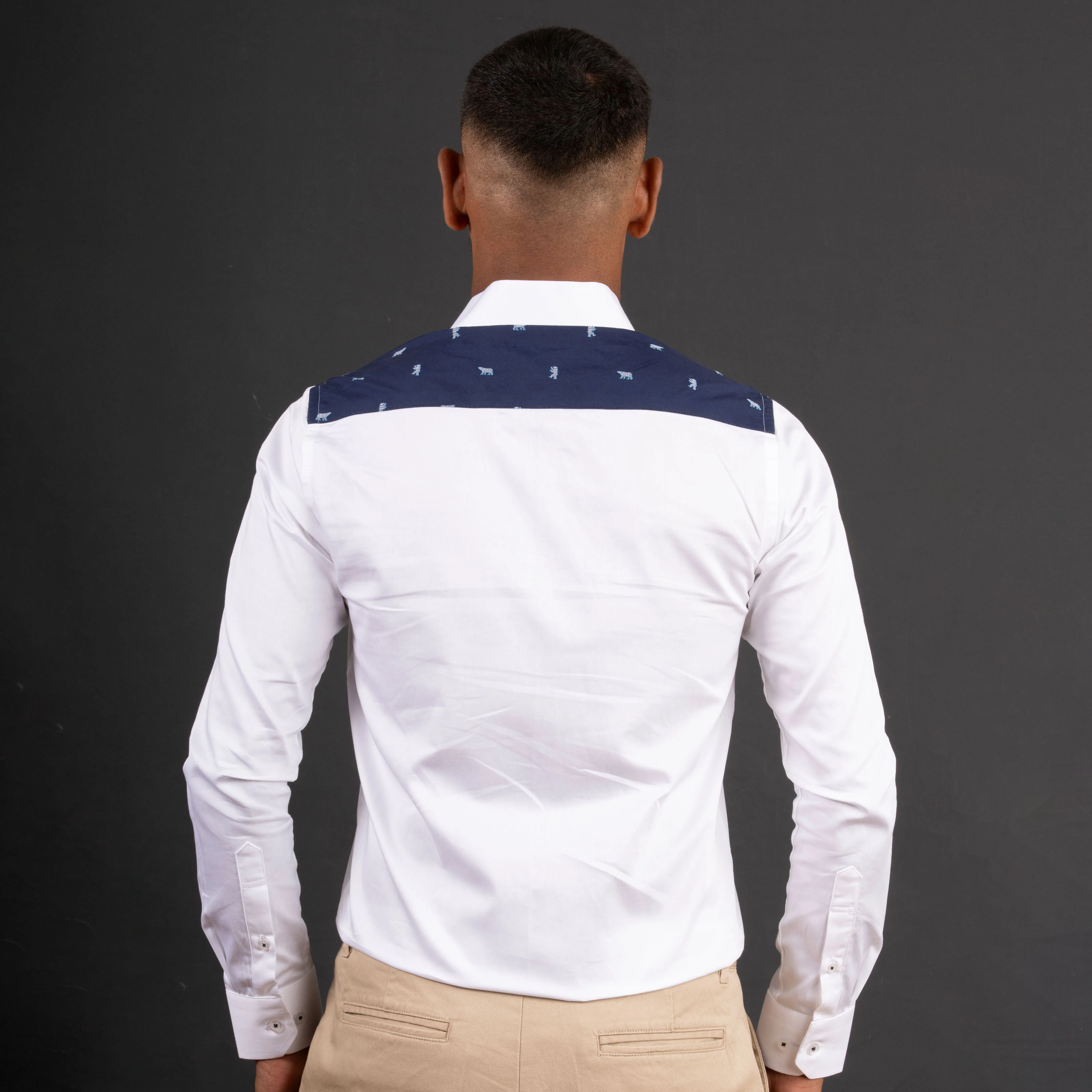 White Satin Long Sleeve Shirt with Contrast Shoulder Patch