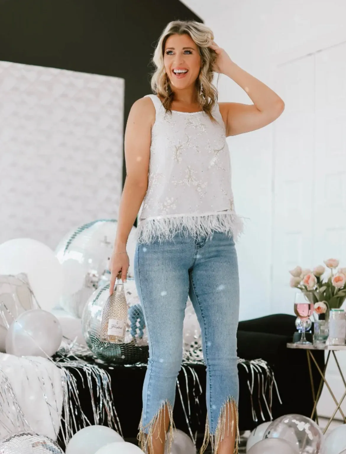 White Sequin Floral Crop w/Feather Trim