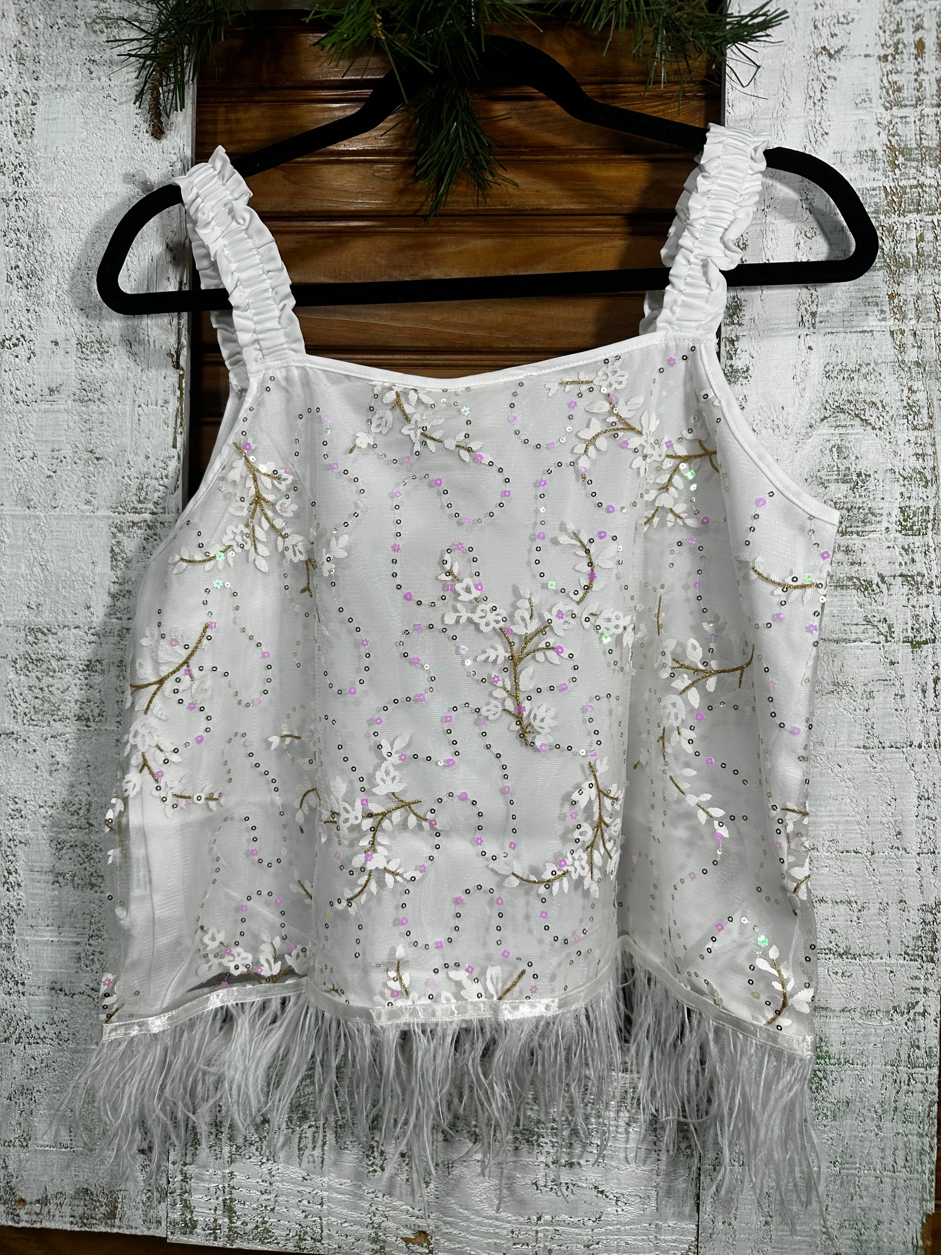 White Sequin Floral Crop w/Feather Trim