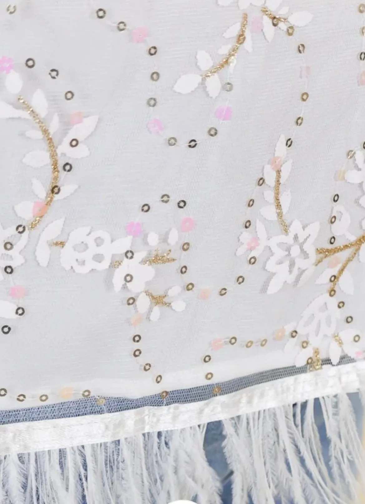 White Sequin Floral Crop w/Feather Trim
