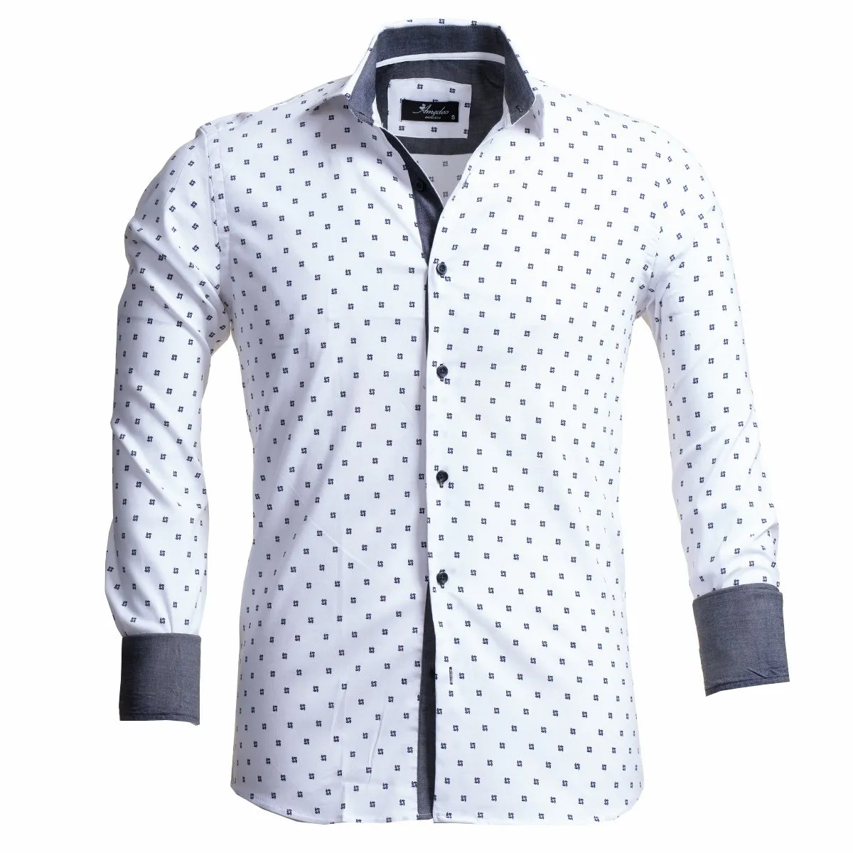 White With Black Dots Men's Slim Fit French Cuff Shirts with Cufflink Holes - Casual and Formal