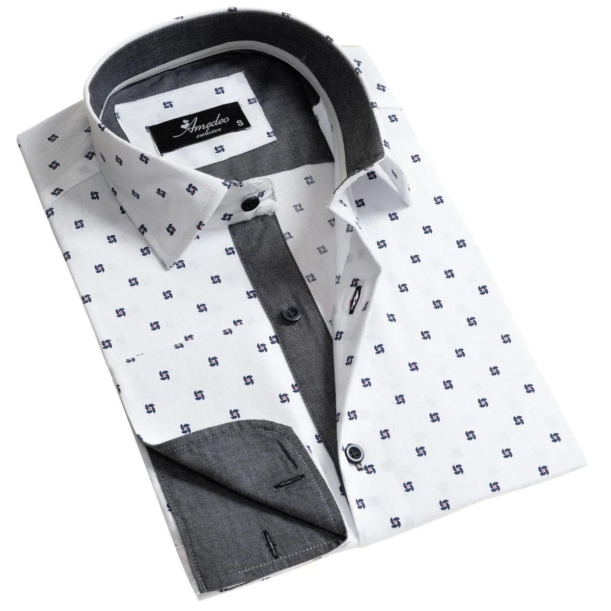 White With Black Dots Men's Slim Fit French Cuff Shirts with Cufflink Holes - Casual and Formal