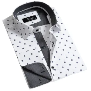 White With Black Dots Men's Slim Fit French Cuff Shirts with Cufflink Holes - Casual and Formal
